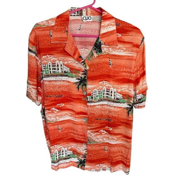 Vtg CLIO Hawaiian Shirt Made In USA Pearl Buttons Hotel Beach Palm Tree XL - Picture 1 of 6